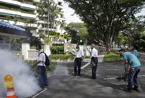 Phun thuốc diệt muỗi tại khu vực bệnh viện Tan Tock Seng (Singapore) để phòng ngừa lây nhiễm Zika. Ảnh: todayonline