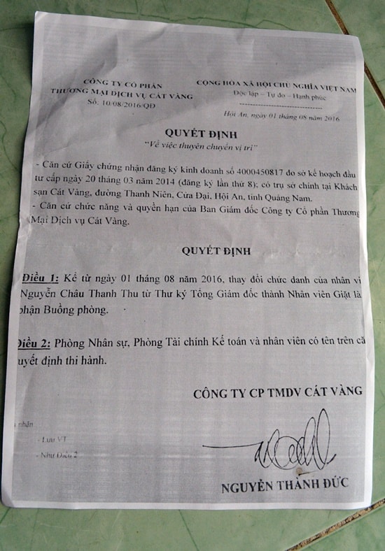 Kể quả quyết định thuyên chuyển bà Nguyễn Châu Thanh Thu cũng vi phạm Luật Lao động. Ảnh: VĨNH LỘC