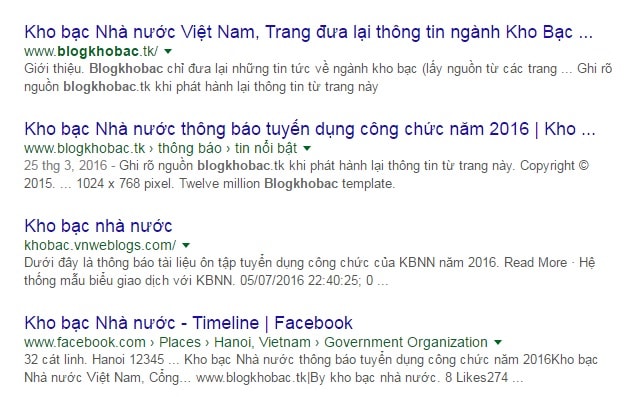 Một số địa chỉ giả mạo Kho bạc Nhà nước trên mạng. Ảnh chụp màn hình.