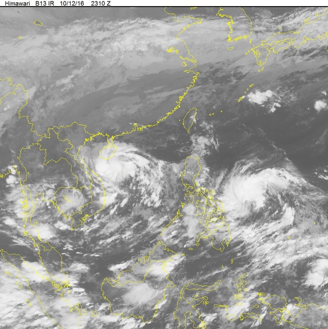 Ảnh mây vệ tinh về đường đi của áp thấp nhiệt đới. (Nguồn: Trung tâm Dự báo Khí tượng thủy văn Trung ương)