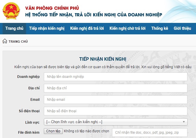 Giao diện doanhnghiep.chinhphu.vn.