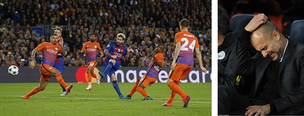 Pep Guardiola (ảnh phải) bất lực chứng kiến Man City bị hủy diệt. (Nguồn: Thethaovanhoa.vn)