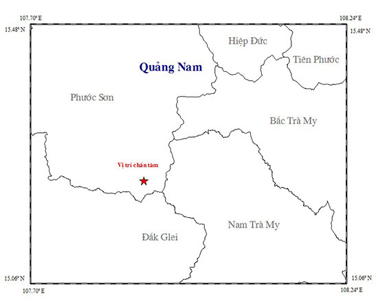 Bản đồ tâm chấn trận động đất tại Phước Sơn tối ngày 24.20.2016 (Nguồn Viện Vật lý Địa cầu Việt Nam)
