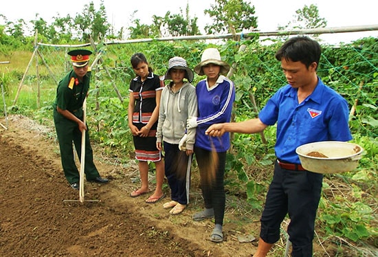 Trí thức trẻ tình nguyện hướng dẫn bà con phương pháp trồng rau sạch.  Ảnh: T.ANH