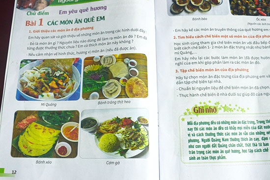 Một trang giới thiệu món ăn Quảng Nam trong tài liệu giáo dục địa phương. Ảnh: Q.TUẤN