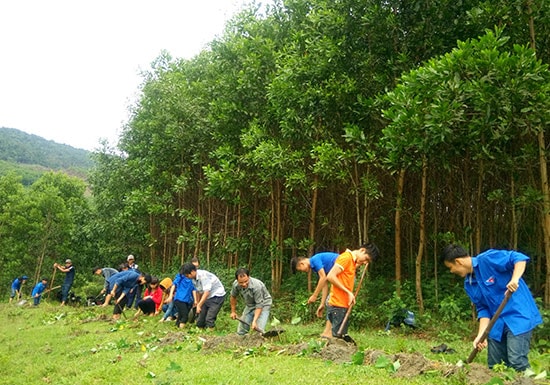 ĐVTN xã Quế Lưu (Hiệp Đức) nạo vét kênh mương nội đồng, phục vụ nước tưới cho hơn 10ha ruộng tại thôn 4.Ảnh: N.C