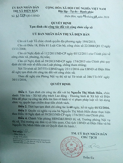 Quyết định tạm đình chỉ công tác đối với bà Nguyễn Thị Minh Hiền của Chủ tịch UBND thị xã Điện Bàn.