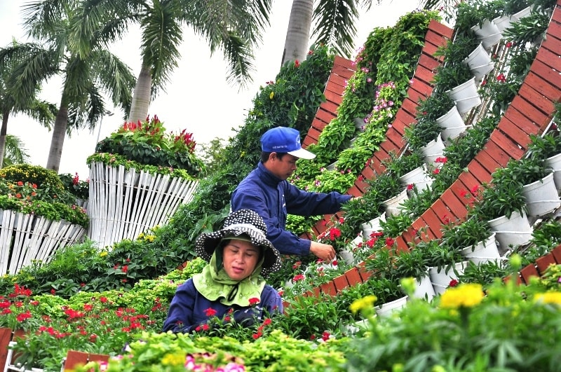 Các nhân viên tất bật chỉnh sửa lại những chậu hoa trên kệ. Ảnh: VINH ANH