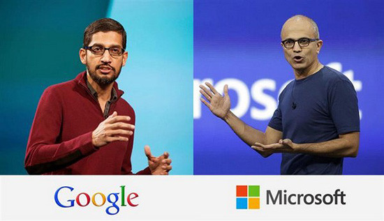Hai nhân vật quyền lực của Google (CEO Sundar Pichai) và Microsoft (CEO Satya Nadella) đều là những người Mỹ gốc Ấn Độ. Ảnh: Internet