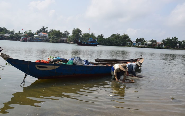 Cào hến là công đoạn cực nhọc, phải ngâm mình trong nước, dưới cái nắng hanh gắt đầu mùa.