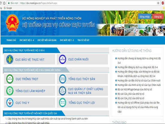 Giao diện Cổng dịch vụ công trực tuyến của Bộ Nông nghiệp và Phát triển Nông thôn.