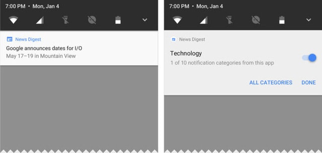 Khung thông báo mới của Android O (bên phải).