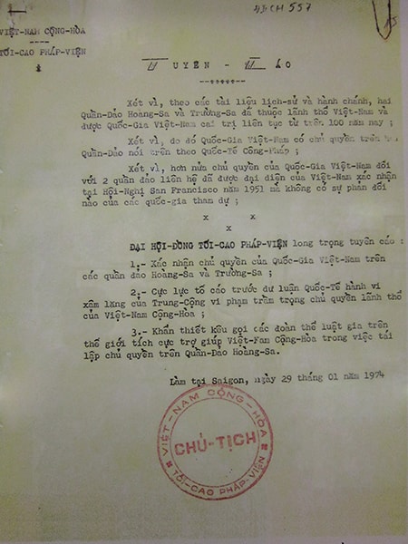 Tuyên cáo của Đại hội đồng Tối cao Pháp viện Việt Nam Cộng hòa (29.1.1974). Nguồn: Bảo tàng Đà Nẵng.