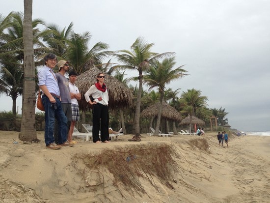 Prof. Tanaka (left) and his coworkers at Cua Dai Beach. Photo: MINH HAI