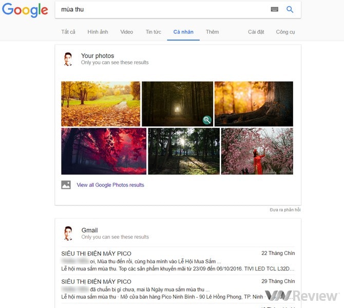  Kết quả tìm kiếm trả về các dữ liệu trên Google Photos và Gmail