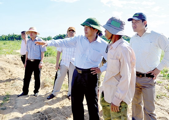 Phó Chủ tịch HĐND tỉnh Nguyễn Hoàng Minh kiểm tra dự án cải tạo đồng ruộng lấy cát phục vụ san lấp tại xã Điện Quang, thị xã Điện Bàn.Ảnh: H.PHÚC