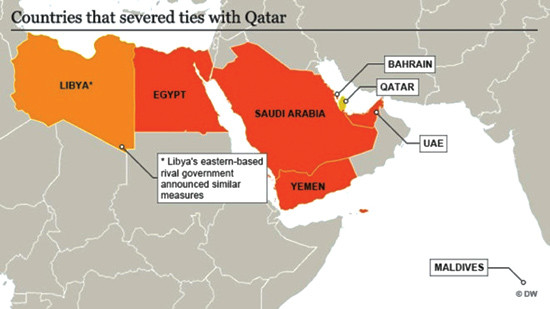 Bảy nước gồm Saudi Arabia, Các Tiểu vương quốc Ả-rập Thống nhất (UAE), Bahrain, Ai Cập, Libya, Yemen và Maldives tuyên bố chấm dứt quan hệ với Qatar hôm 5/6, cáo buộc Doha tài trợ cho khủng bố.  Ảnh: Internet