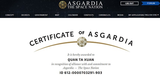 Chứng nhận của Quốc gia không gian Asgardia cấp cho tác giả