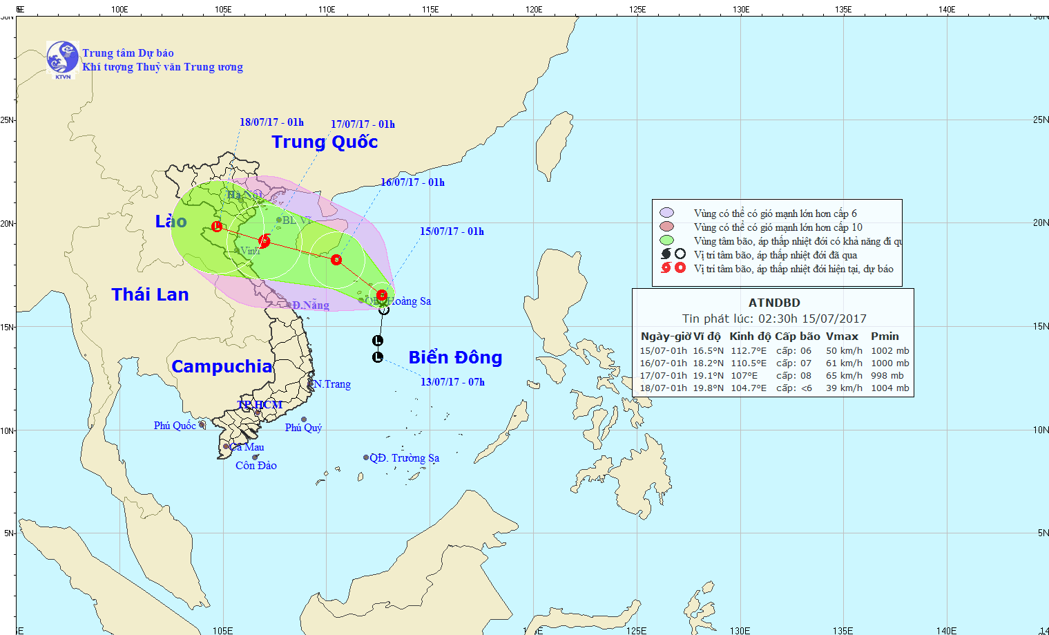 Vị trí và hướng di chuyển của áp thấp nhiệt đới - Nguồn: Trung tâm Khí tượng thủy văn Trung ương