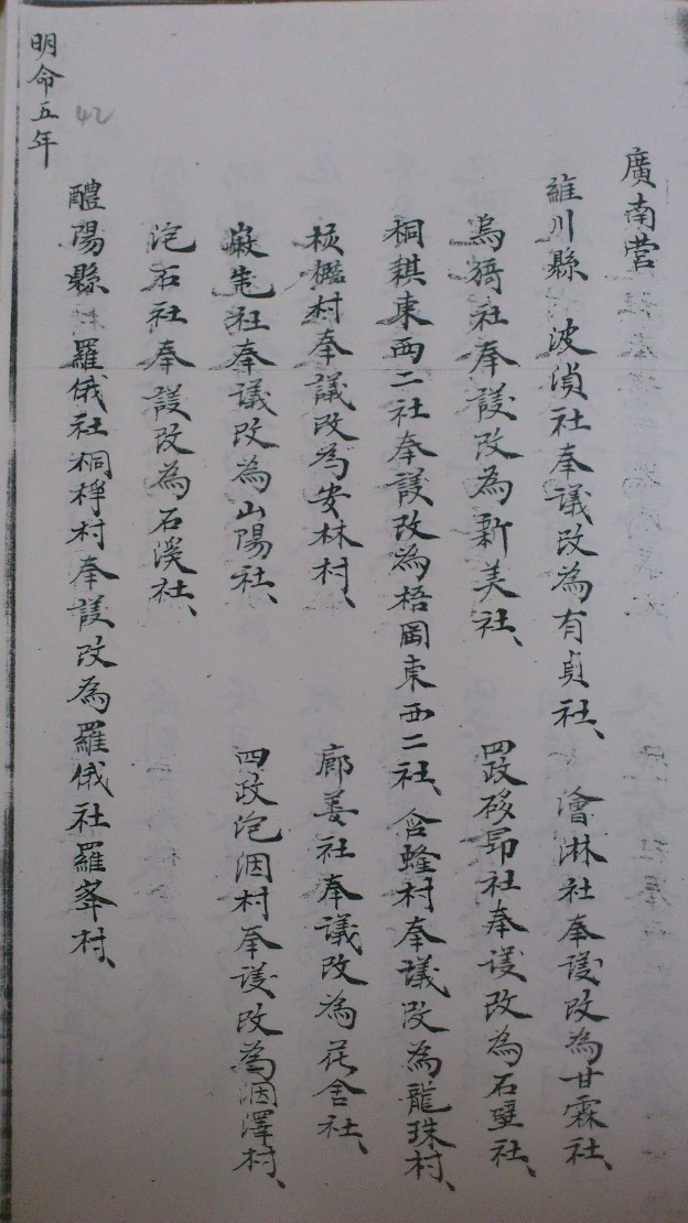 Một trang trong bản tấu về việc đổi tên làng ở Quảng Nam thời vua Minh Mạng (Ảnh do tác giả sao chụp lại từ thư viện Viện Nghiên cứu Hán Nôm, Hà Nội)