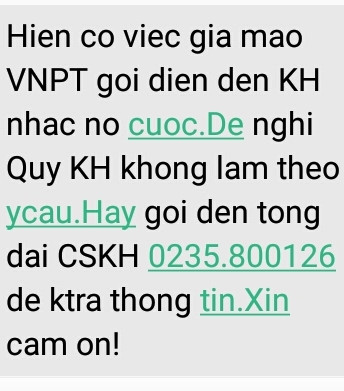 VNPT Quảng Nam cảnh báo việc mạo danh VNPT đòi nợ khách hàng. Ảnh: C.N