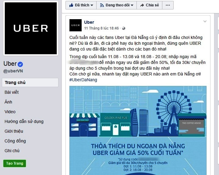 Fanpage chính thức của Uber Việt Nam đang quảng vá dịch vụ tại Đà Nẵng.