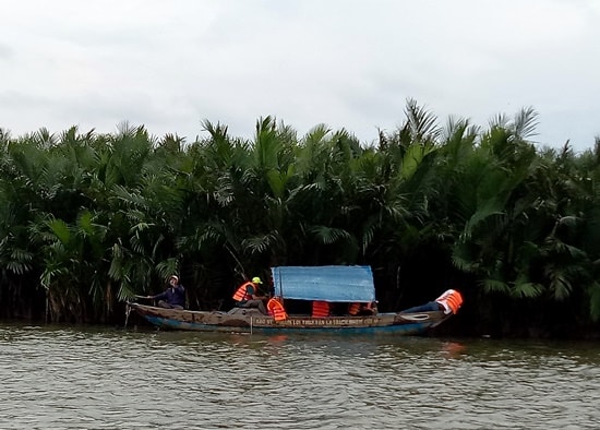 Các lực lượng chức năng xã Cẩm Thanh tuần tra, tìm kiếm loa thùng cất dấu trong rừng dừa