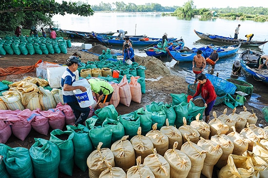 Những bao hến được xếp ngay ngắn để chuẩn bị đưa vào Nam tiêu thụ.