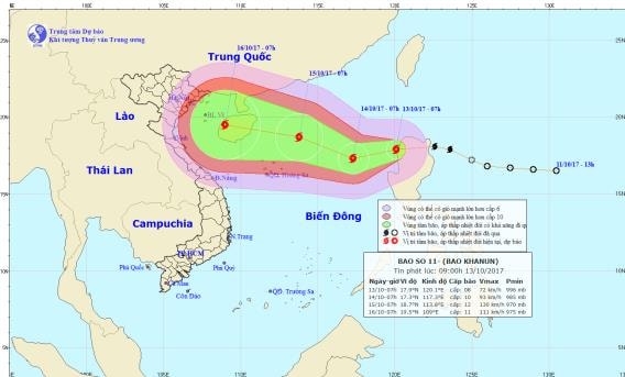 Hướng đi của bão. Ảnh: Trung tâm Dự báo khí tượng thủy văn trung ương