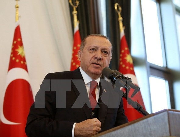Tổng thống Thổ Nhĩ Kỳ Recep Tayyip Erdogan phát biểu tại Ankara ngày 12/10. (Nguồn: THX/TTXVN)