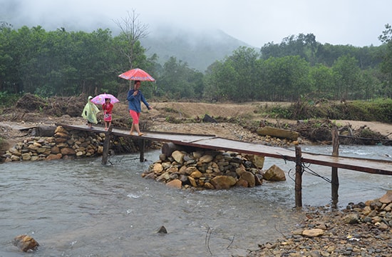  Cây cầu tạm đặt gần vị trí cầu treo cũ ở thôn 2, xã Trà Nú (Bắc Trà My) đã bị hư toàn bộ.Ảnh: HỮU PHÚC