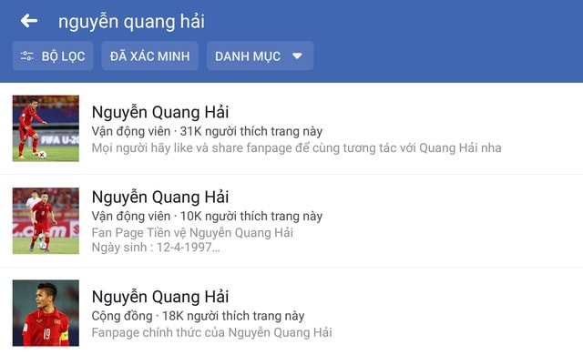 Rất nhiều tài khoản Facebook có tên cầu thủ Nguyễn Quang Hải. - Ảnh chụp màn hình.