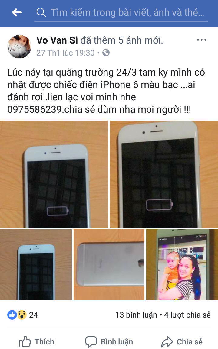 Anh Sĩ đăng facebook mong tìm người mất điện thoại để trả lại.