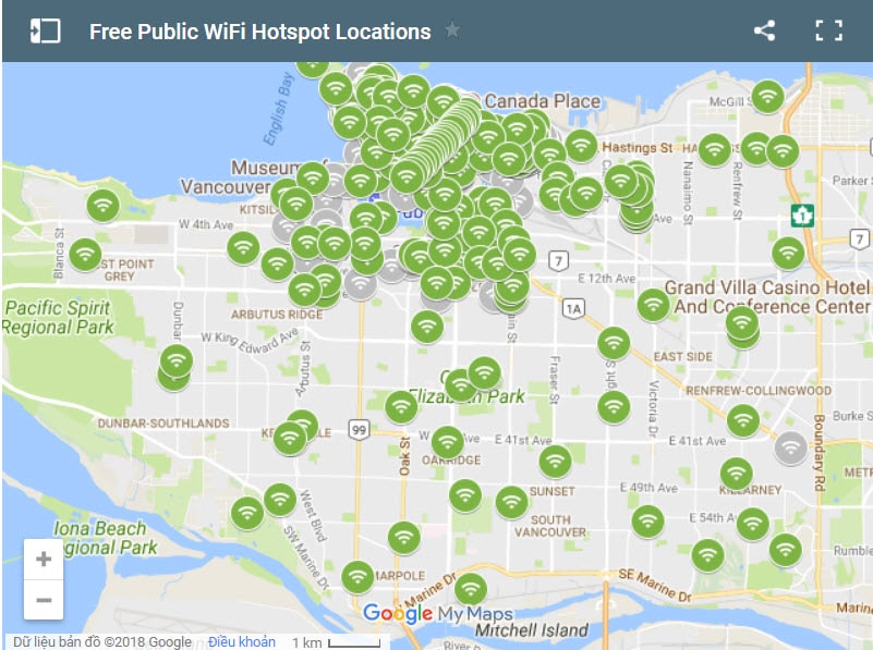 Bản đồ vị trí các nơi phát WiFi tại Vancouver/Google Map