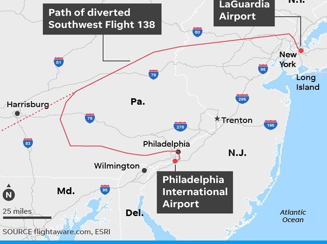 Tuy nhiên mới bay được một đoạn, phi cơ đã phải hạ cánh khẩn cấp xuống Philadelphia. Ảnh: ESRI.