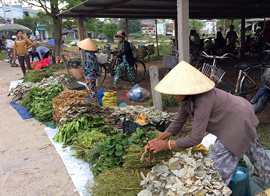 Các loại lá mùng Năm được bày bán ở chợ Tam Đàn, Phú Ninh. Ảnh: KIỀU LY