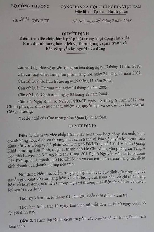Bộ Công Thương đã ra quyết định kiểm tra việc chấp hành pháp luật trong hoạt động sản xuất kinh doanh hàng hóa, dịch vụ thương mại, cạnh tranh và bảo vệ quyền lợi người tiêu dùng đối với Công ty Cổ phần Con Cưng (Con Cưng).