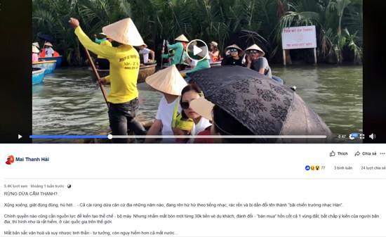 Trên mạng xã hội Facebook, nhiều cá nhân cũng rất bức xúc với cách làm du lịch hiện tại ở rừng dừa Cẩm Thanh. Ảnh VINH THẮNG