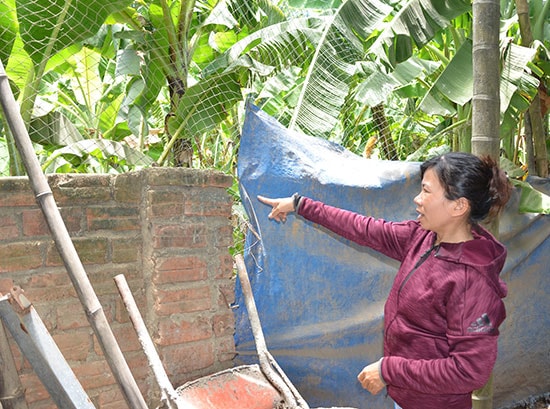 Bà Hồng chỉ vào khu đất phía sau nhà nếu thuộc quyền sử dụng của mình mới đúng với diện tích như biên bản mua đất trước đây. Ảnh: T.H