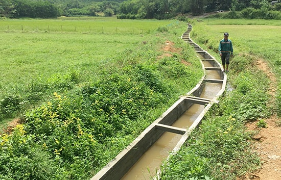 Tuyến kênh tiêu nước ở cánh đồng Bờ Làng được hoàn thành trong sự phấn khởi của người dân xã Quế Phước. Ảnh: V.C