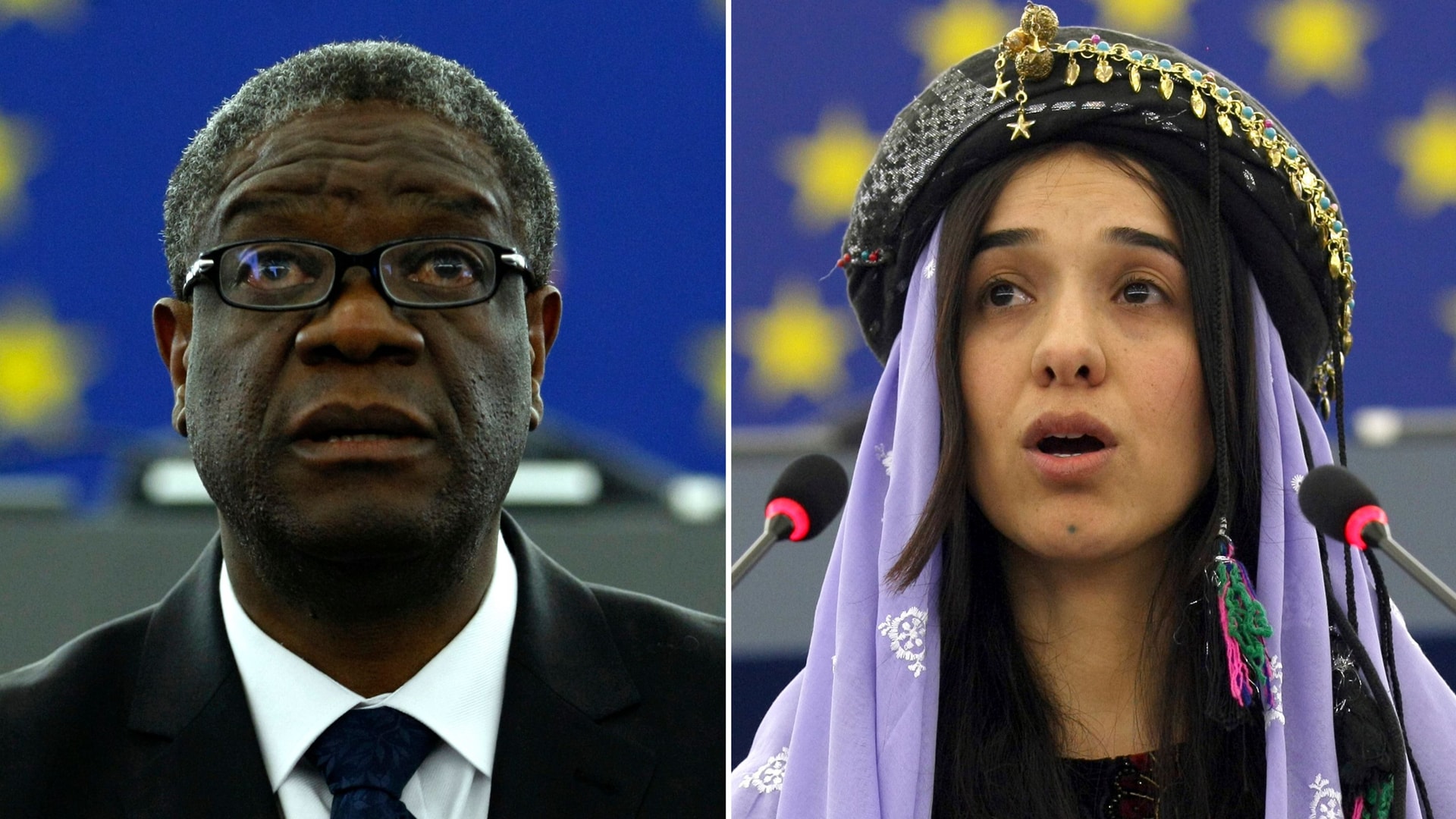 Bác sĩ Denis Mukwege (trái) và nhà hoạt động nhân quyền Nadia Murad- chủ nhân giải Nobel Hòa bình 2018. Ảnh: AP