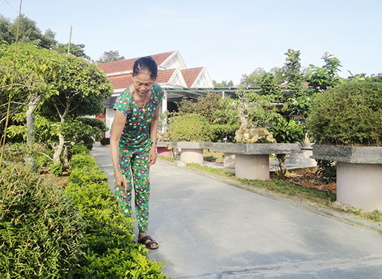 Bà Lê Thị Cẩm, thôn Đàn Trung thực hiện chỉnh trang vườn nhà. Ảnh: V.C