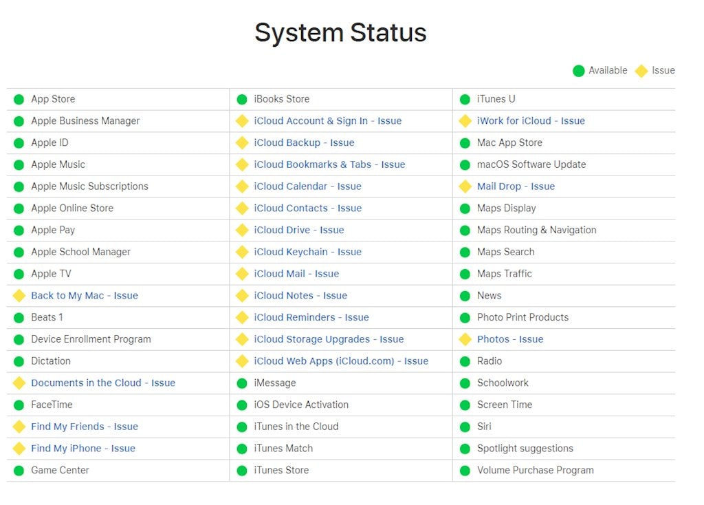 Cập nhật tình trạng các dịch vụ của Apple