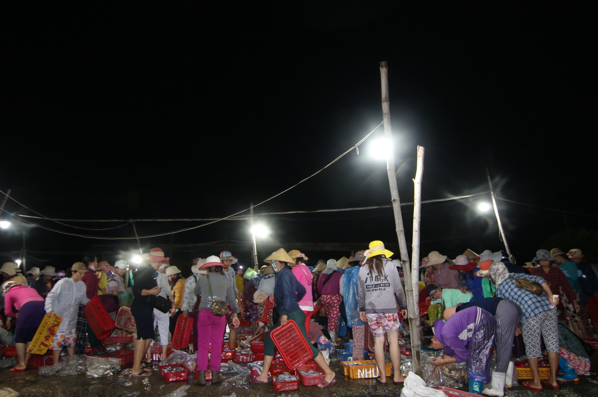 1h khuya thường là giờ cao điểm. Người mua người bán tập nập, xôm tụ cả một khoanh đất nhỏ ven sông. Ảnh : KL