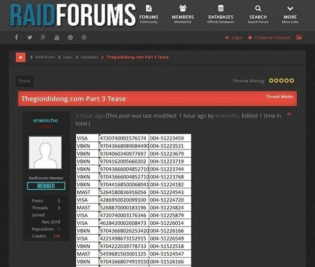 Thông tin thẻ thanh toán của người dùng bị chia sẻ trên diễn đàn ReadForums vào ngày 6/11 vừa qua.