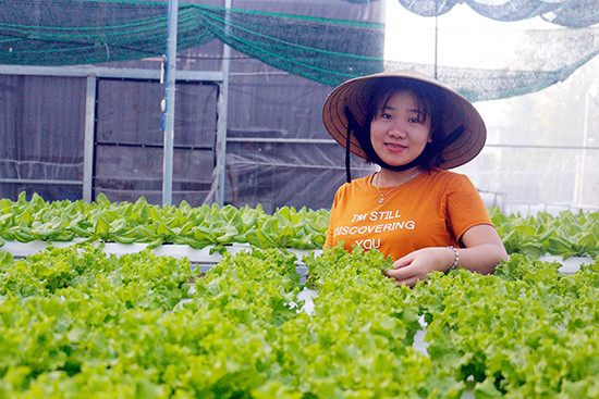 Chị Huỳnh Thị Sang bên vườn rau trồng theo phương pháp thủy canh hồi lưu. Ảnh: HỒNG CƯỜNG
