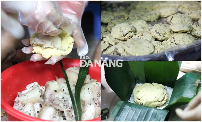 Nhân bánh chưng được tạo thành từng bánh dẹp Sau khi bỏ nhân vào, cần cho thêm một lớp nếp vào khung. 