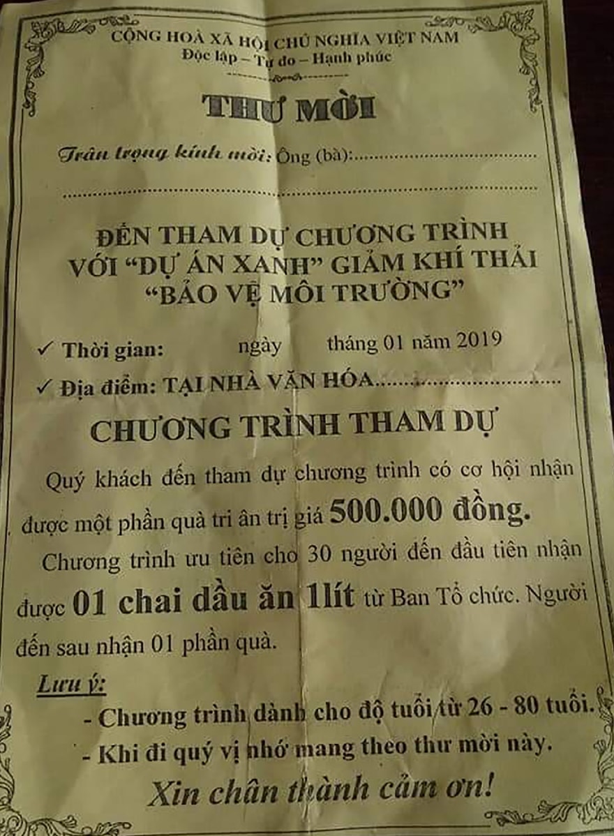 Giấy mời đến tham dự chương trình của các đối tượng. Ảnh: Người dân cung cấp