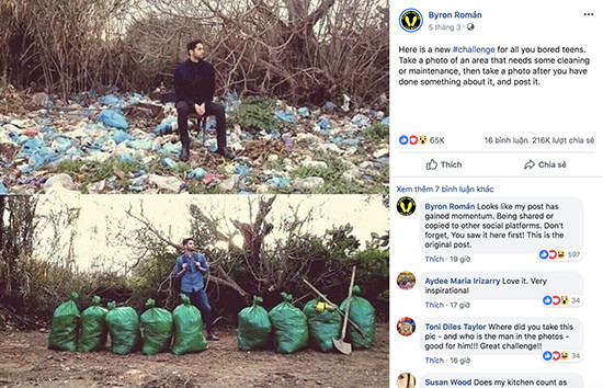 Hình ảnh và bài viết được Byron Roman đăng tải khởi nguồn cho trào lưu thử thách dọn rác, bảo vệ môi trường trên thế giới.  Ảnh: Trên mạng xã hội