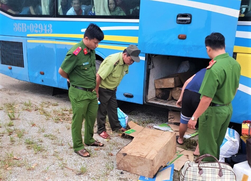 Lực lượng chức năng phát hiện 11 hộp gỗ không rõ nguồn gốc trên xe khách. Ảnh: T.B